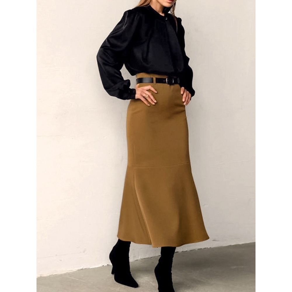 COMMENSE Brown Minimalist Plain Maxi Skirt Elegant High Waist Size S